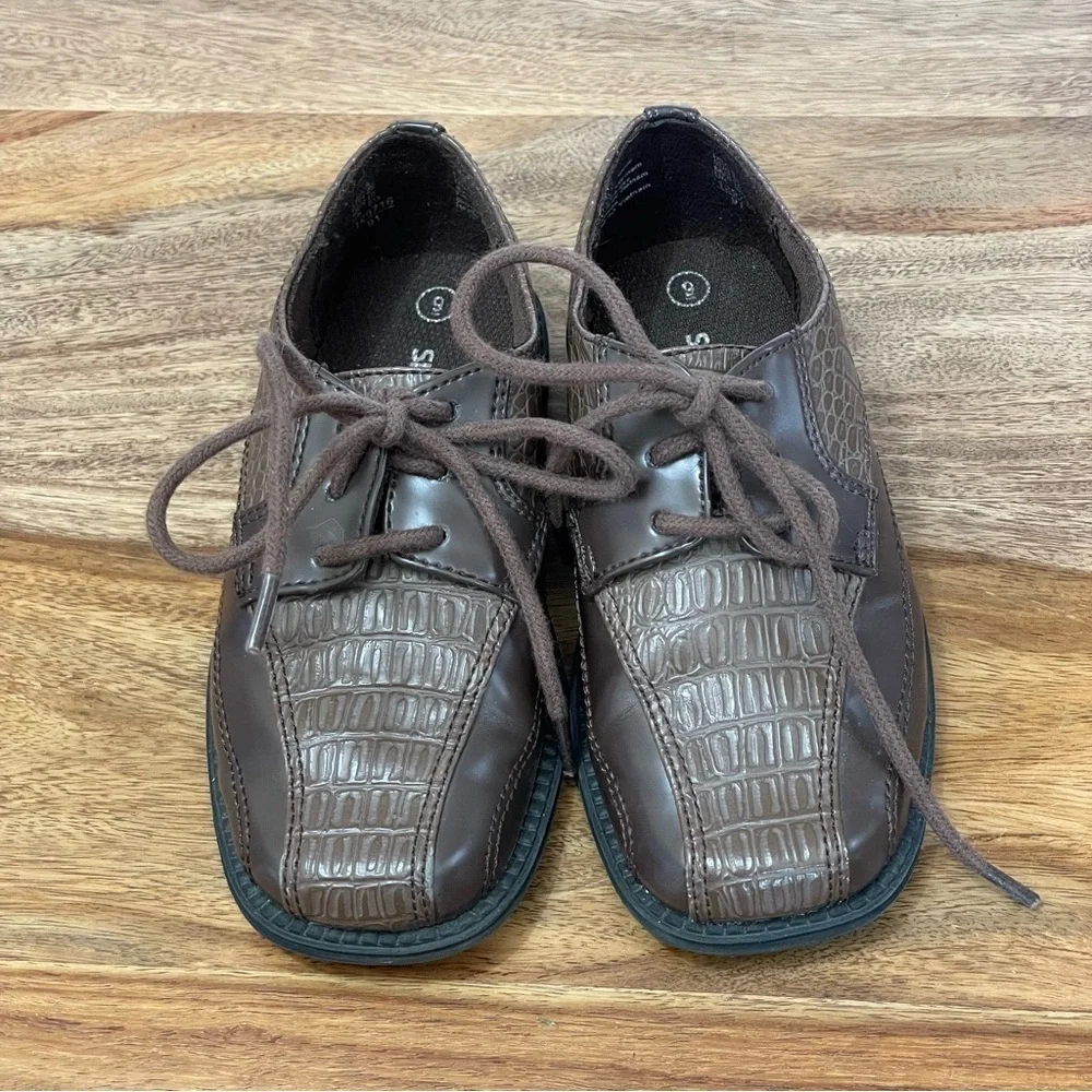 Smartfit Two Tone Brown Little‎ Boy Oxfords with Faux Crocodile Tie Laces sz 9
